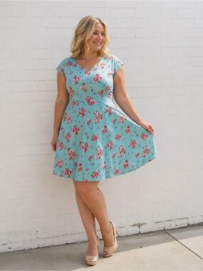 Dress Tells Floral Fit Flare Dress Womens 2X Blue Pink Roses Cottagecore Vintage